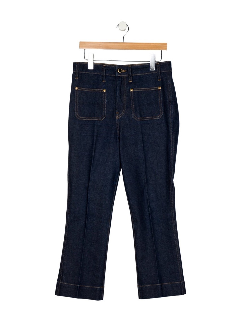 Khaite Raquel Patch Pocket Flare Jeans in a dark wash blue size 29